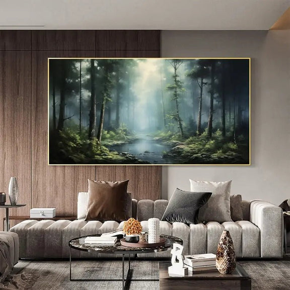 Abstract Oil Painting - Misty Forest with Stream Wall Art - Oil Painting Haven