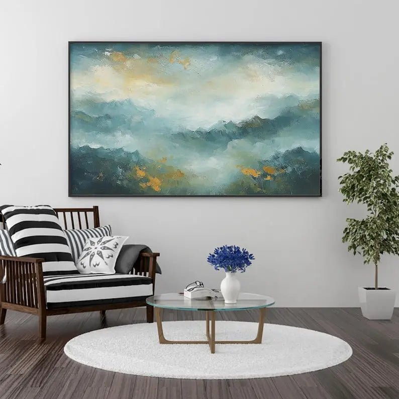 Abstract Oil Painting - Misty Mountain Landscape with Gold Accents - Oil Painting Haven
