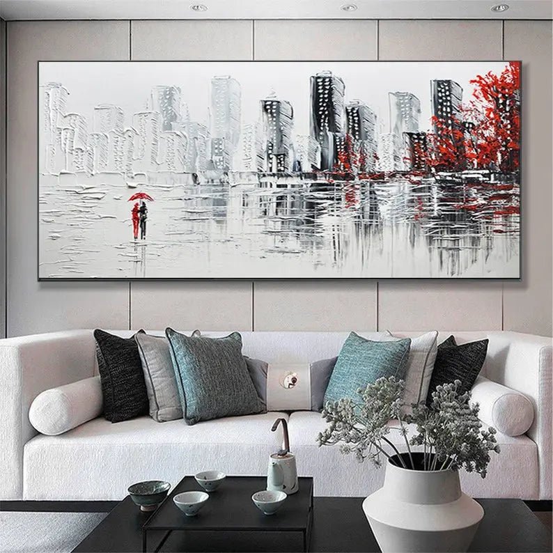 Abstract Oil Painting - Monochrome Cityscape with Red Accents - Oil Painting Haven