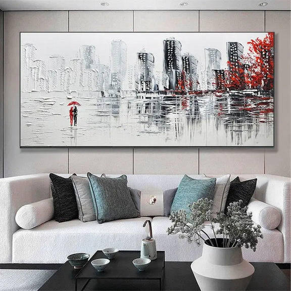 Abstract Oil Painting - Monochrome Cityscape with Red Accents - Oil Painting Haven