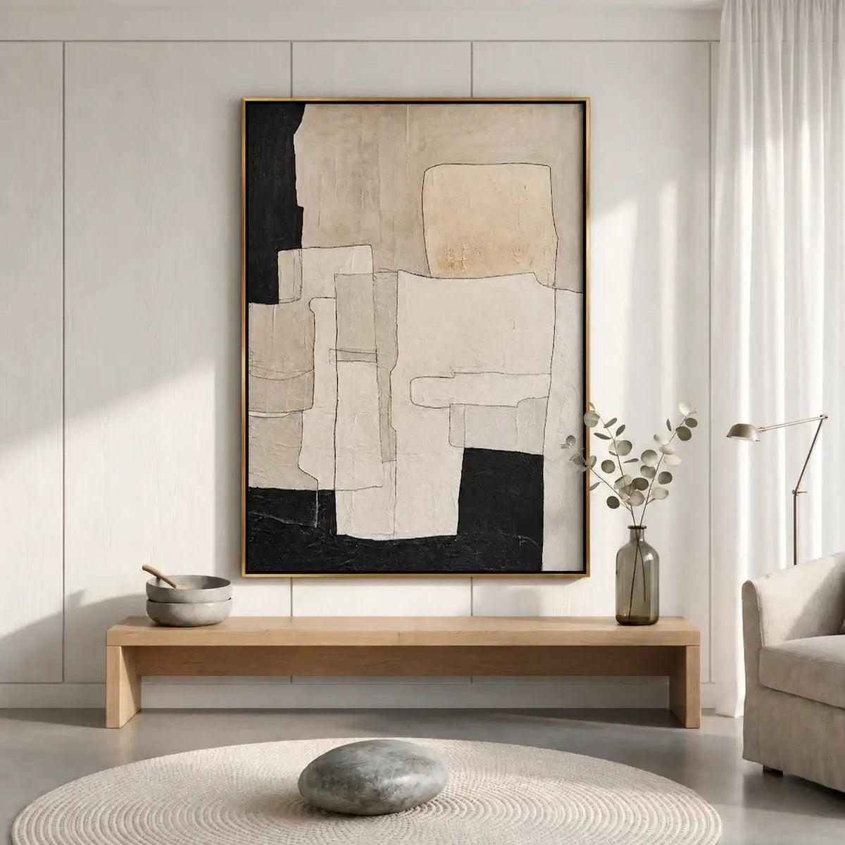 Abstract Oil Painting - Neutral Geometric Forms in Black and Beige
