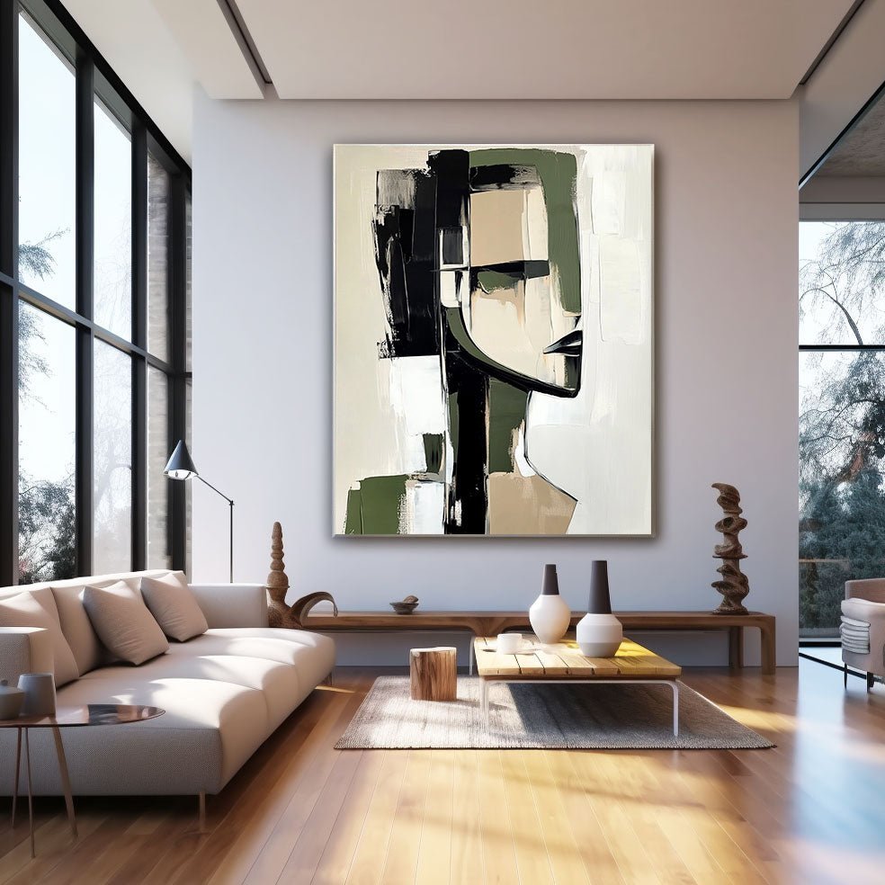 Abstract Oil Painting - Olive Green and Black Geometric Canvas
