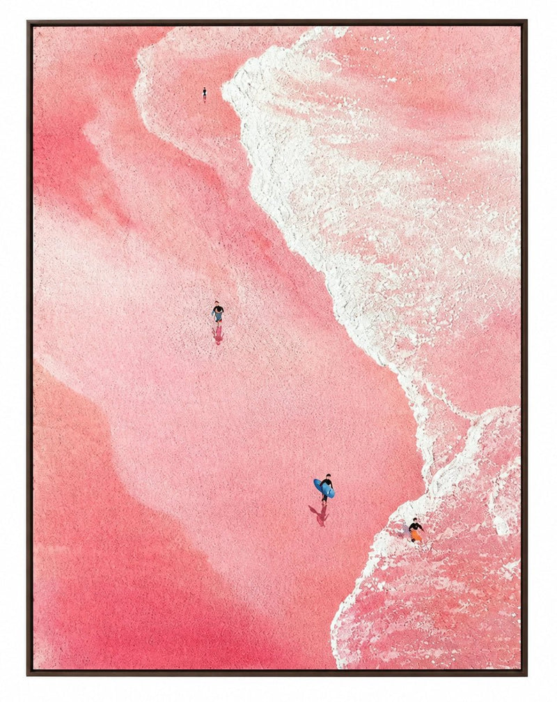 Abstract Oil Painting - Pink Beach and Surfers on Canvas