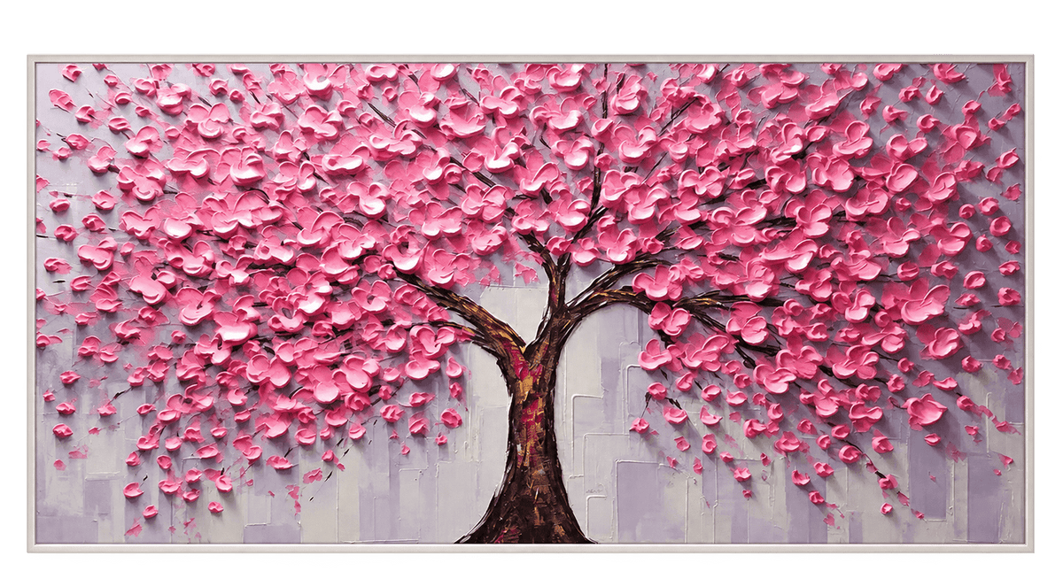 Abstract Oil Painting - Pink Blossom Tree in Textured Impasto
