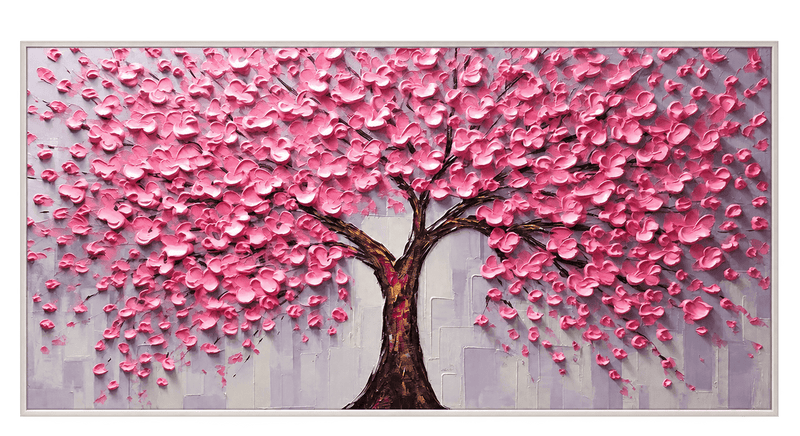 Abstract Oil Painting - Pink Blossom Tree in Textured Impasto