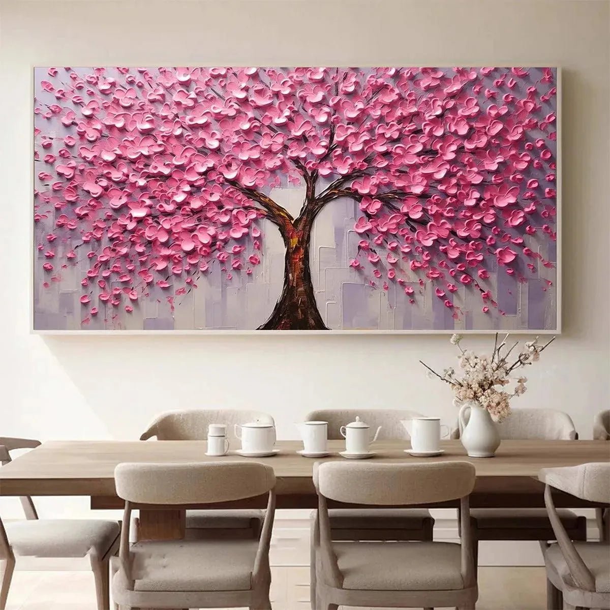 Abstract Oil Painting - Pink Blossom Tree in Textured Impasto