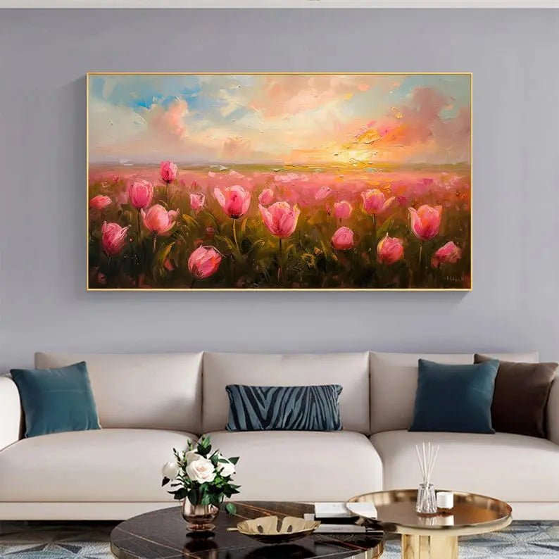 Abstract Oil Painting - Pink Tulip Field at Sunset - Oil Painting Haven