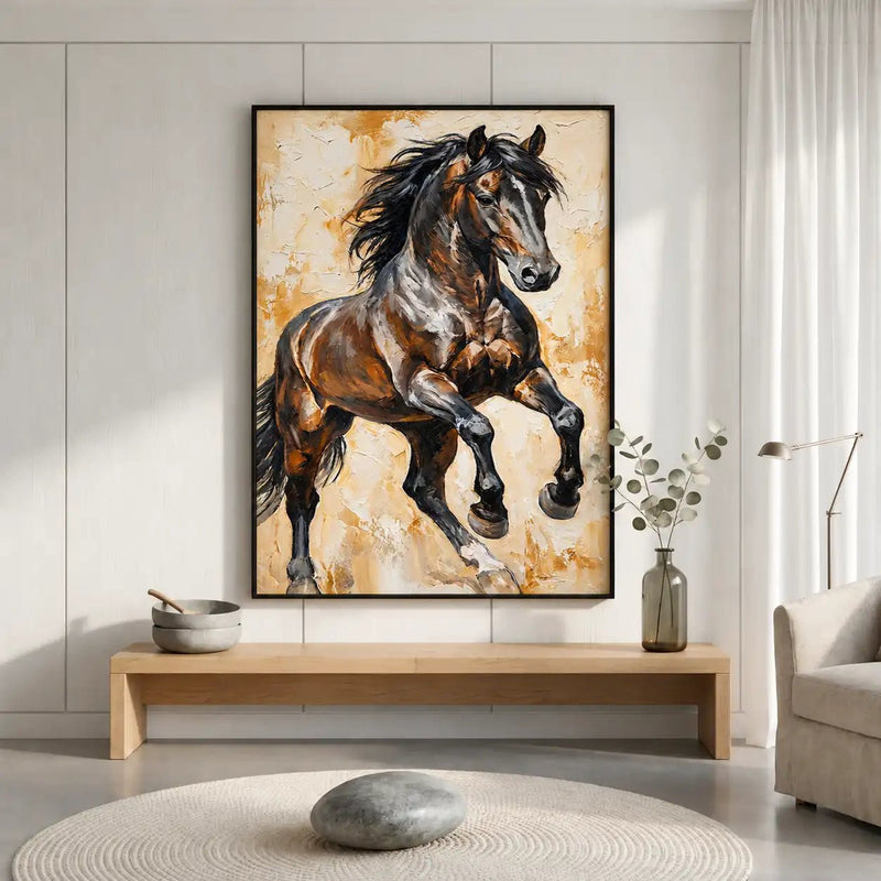 Abstract Oil Painting - Powerful Horse in Brown and Black Impasto