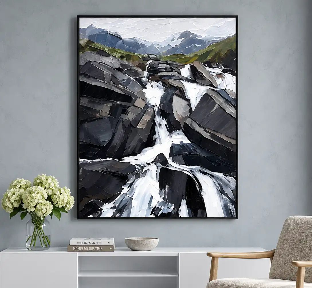 Pintura al óleo abstracta - Arte de pared de cascada en las Montañas Rocosas al estilo impasto