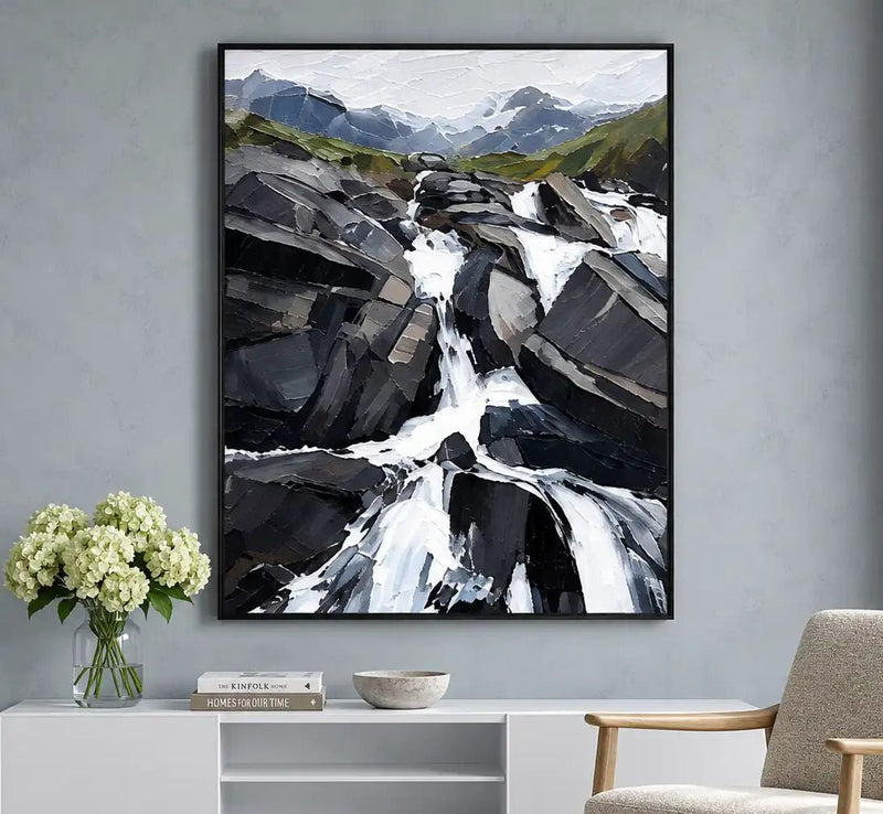 Pintura al óleo abstracta - Arte de pared de cascada en las Montañas Rocosas al estilo impasto