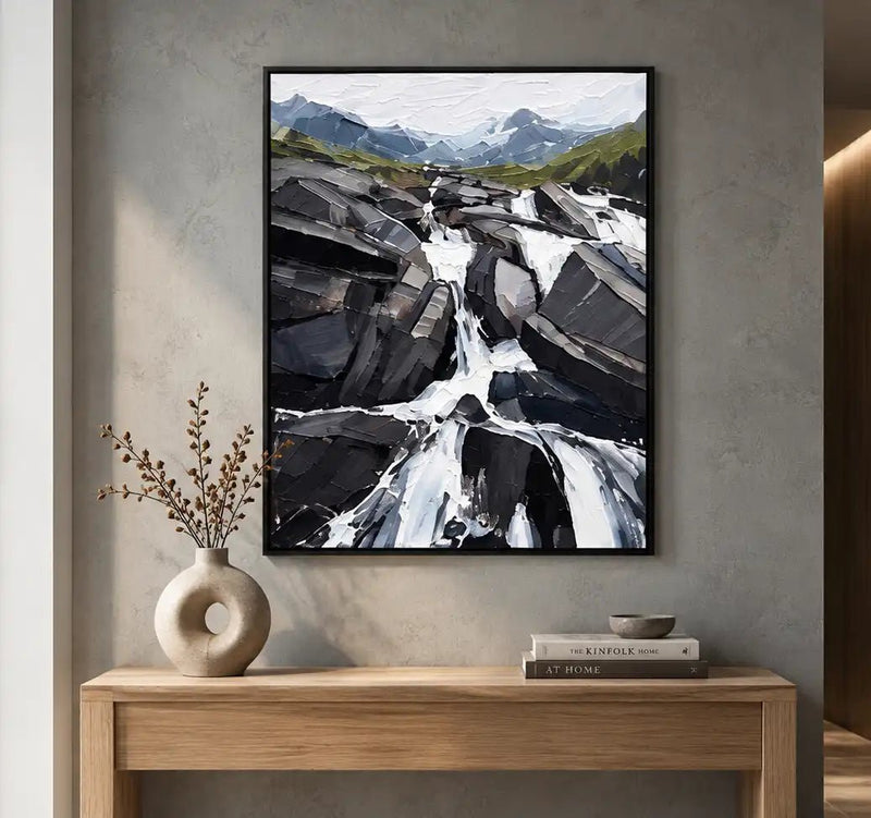 Pintura al óleo abstracta - Arte de pared de cascada en las Montañas Rocosas al estilo impasto
