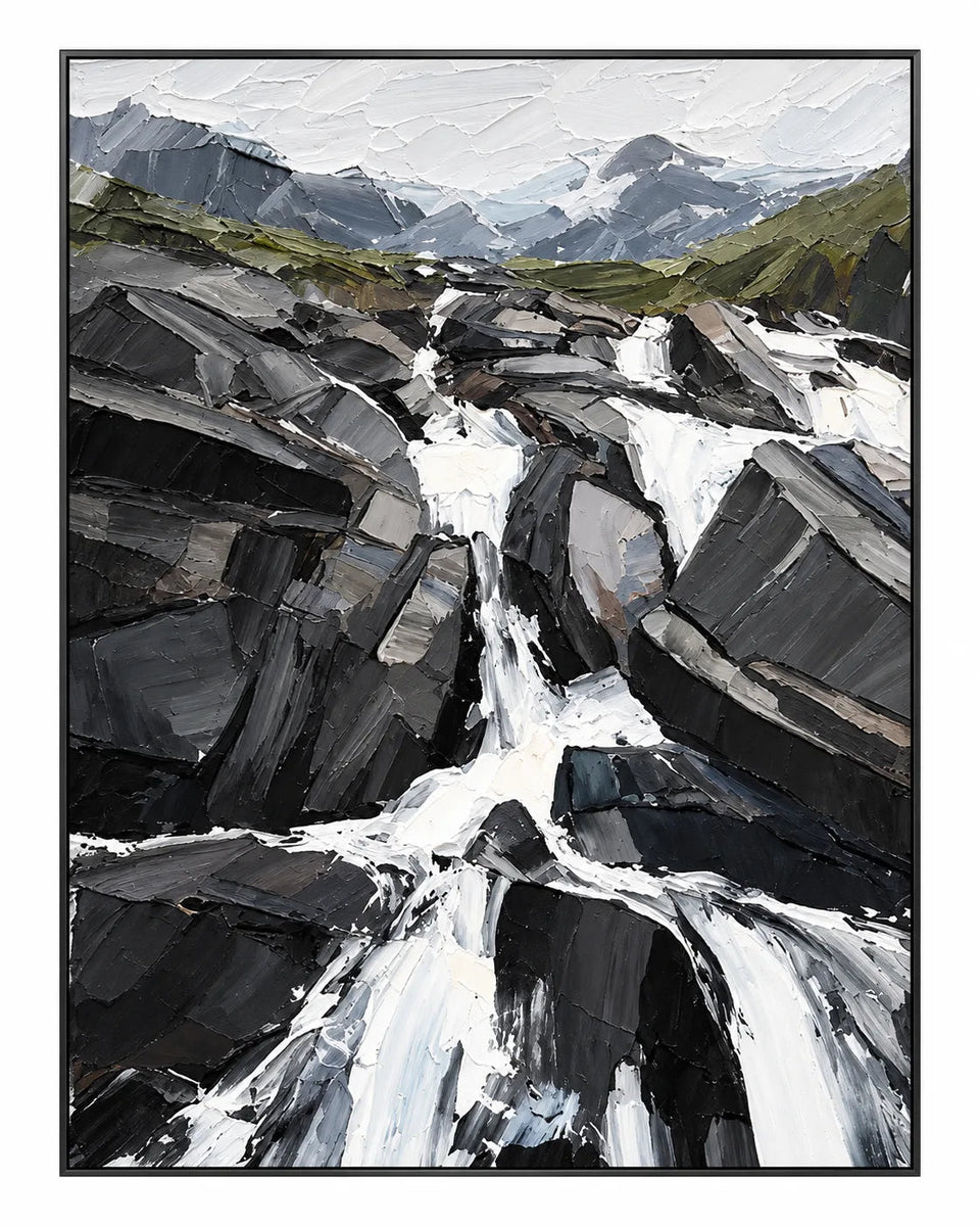 Pintura al óleo abstracta - Arte de pared de cascada en las Montañas Rocosas al estilo impasto