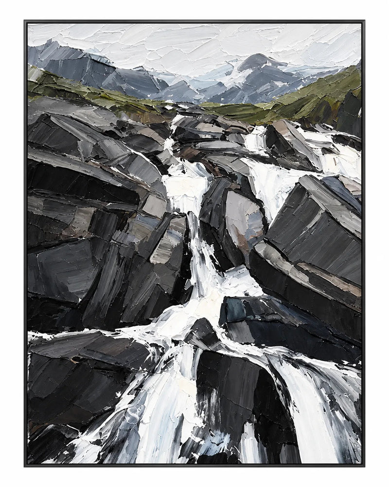Pintura al óleo abstracta - Arte de pared de cascada en las Montañas Rocosas al estilo impasto