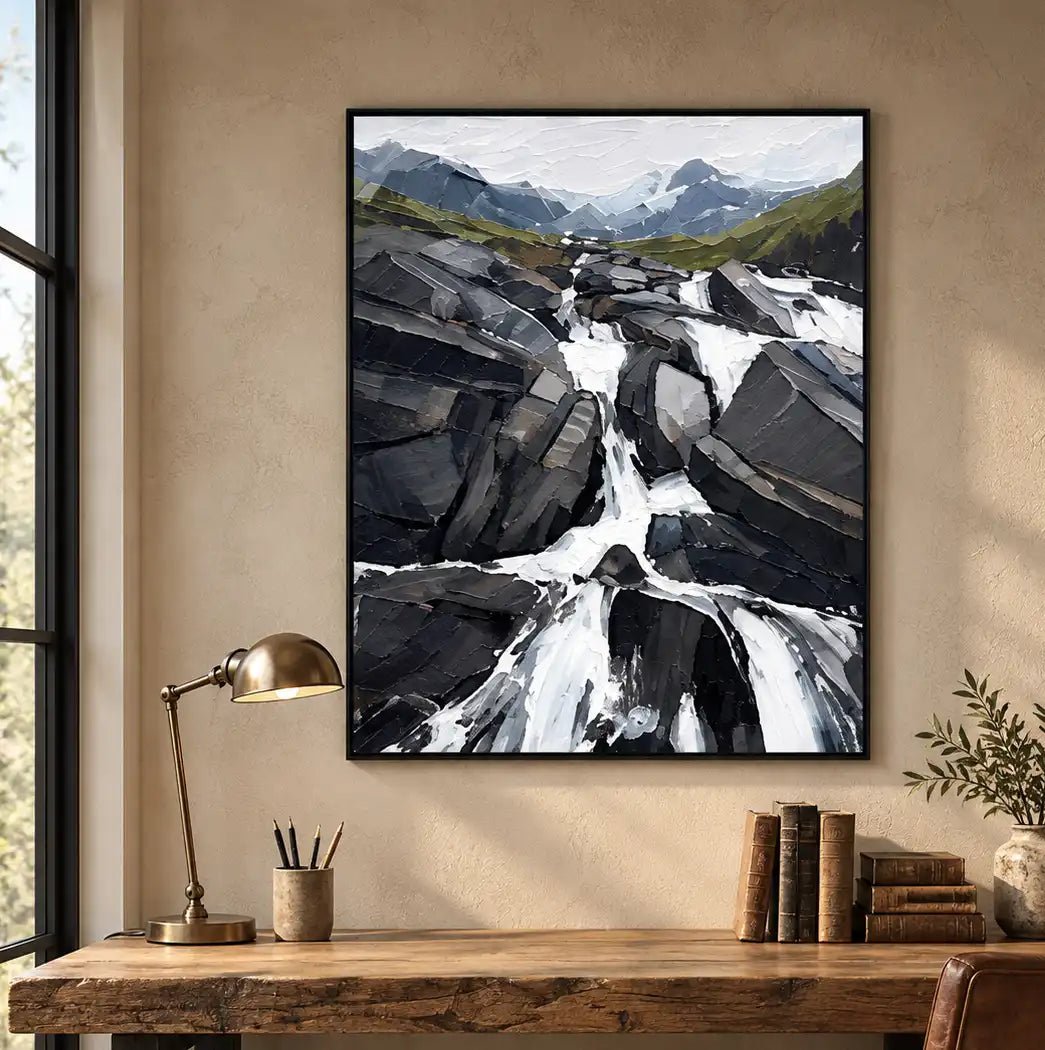 Pintura al óleo abstracta - Arte de pared de cascada en las Montañas Rocosas al estilo impasto