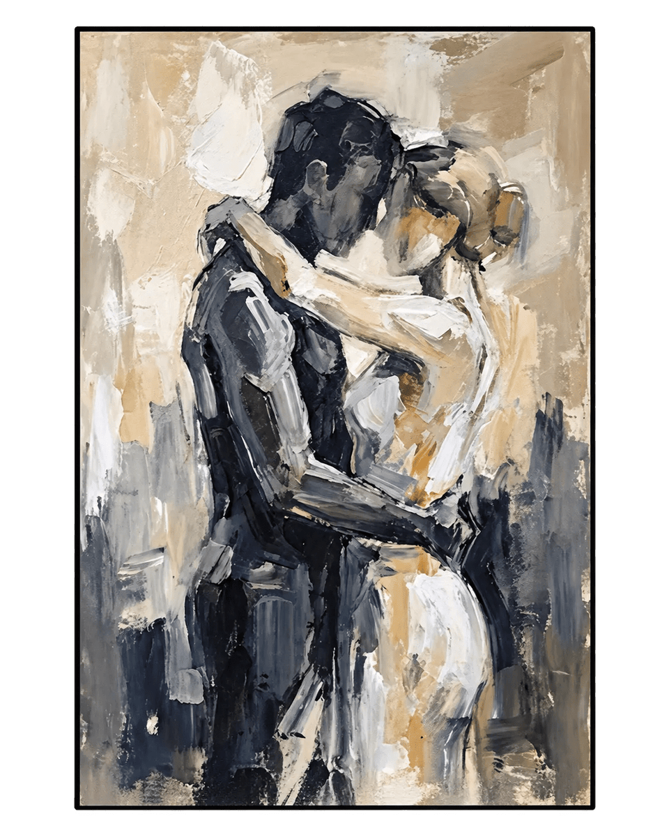 Abstract Oil Painting - Romantic Couple Embrace Textured Wall Art