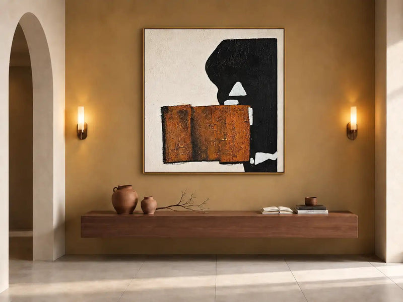 Abstract Oil Painting - Rust Orange and Black Geometric Wall Art