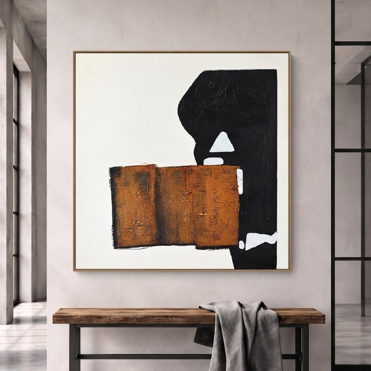Abstract Oil Painting - Rust Orange and Black Geometric Wall Art