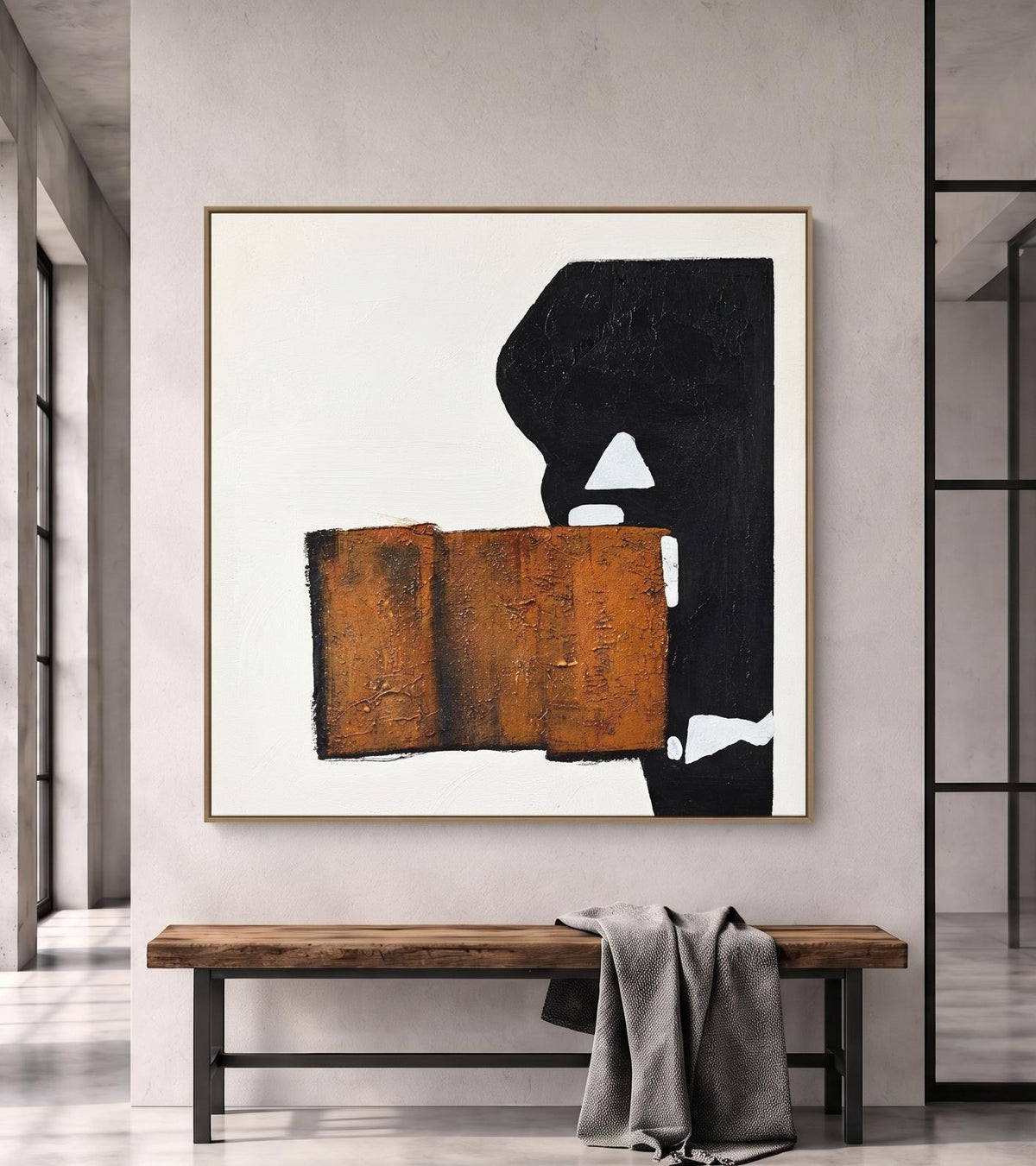 Peinture à l’huile abstraite – Formes géométriques orange rouille et noires