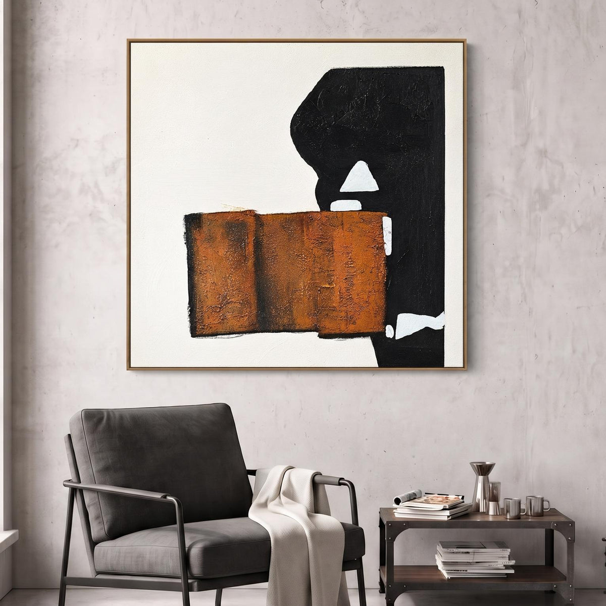 Abstract Oil Painting - Rust Orange and Black Geometric Wall Art