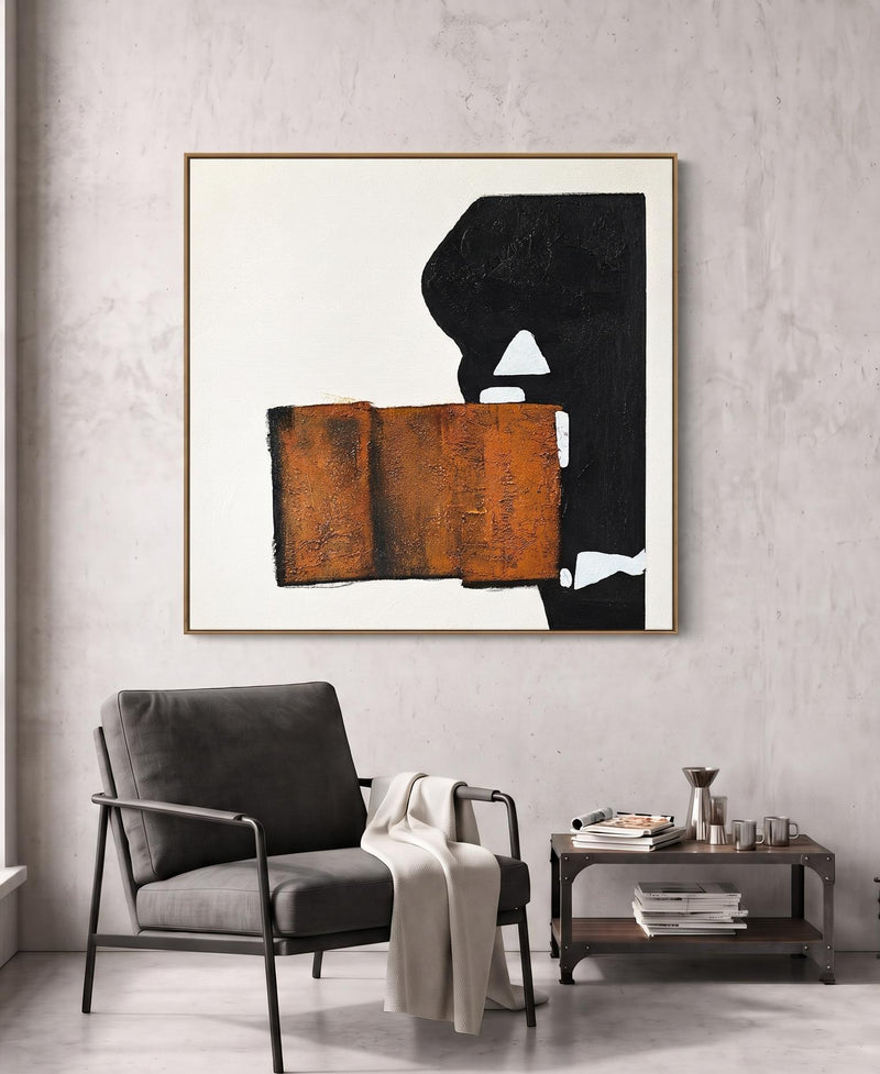 Abstract Oil Painting - Rust Orange and Black Geometric Wall Art