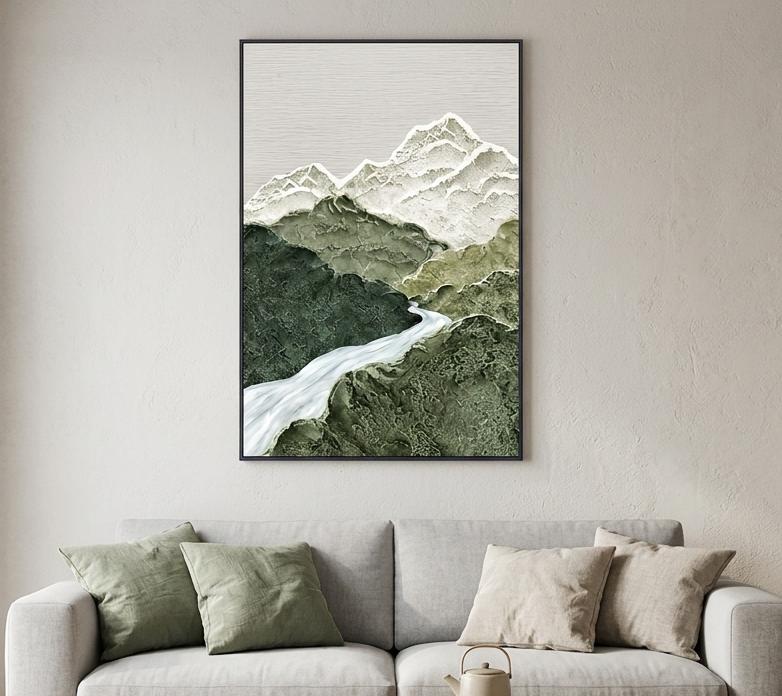 Abstract Oil Painting - Sage Green Mountain River Landscape