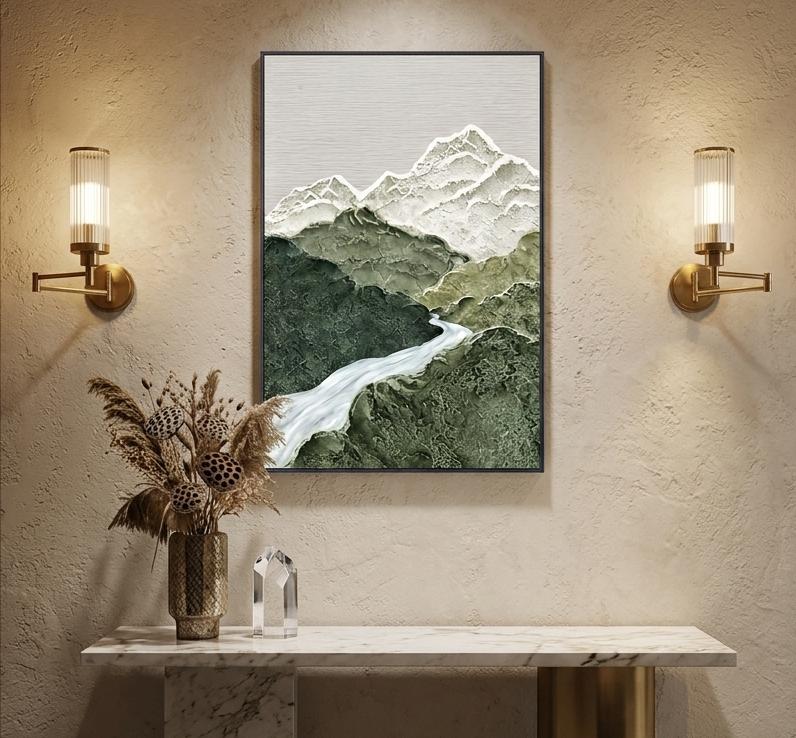 Abstract Oil Painting - Sage Green Mountain River Landscape