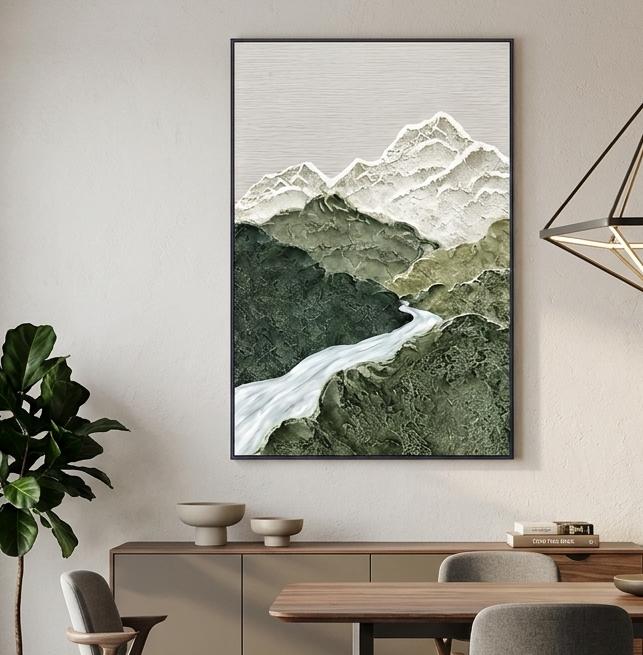 Abstract Oil Painting - Sage Green Mountain River Landscape