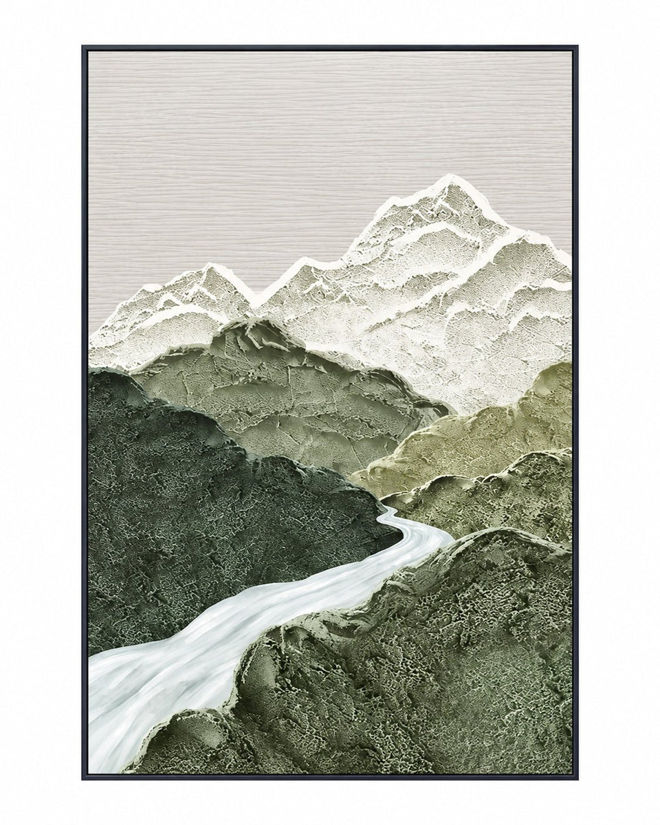 Abstract Oil Painting - Sage Green Mountain River Landscape