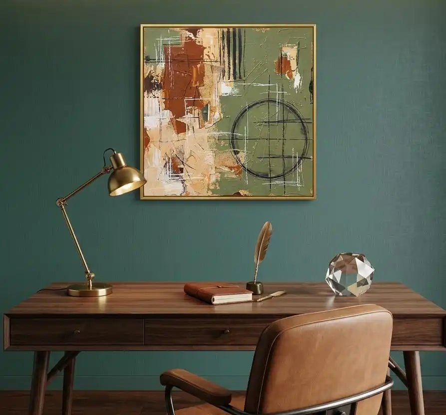 Abstract Oil Painting - Sage Green Textured Geometric Wall Art