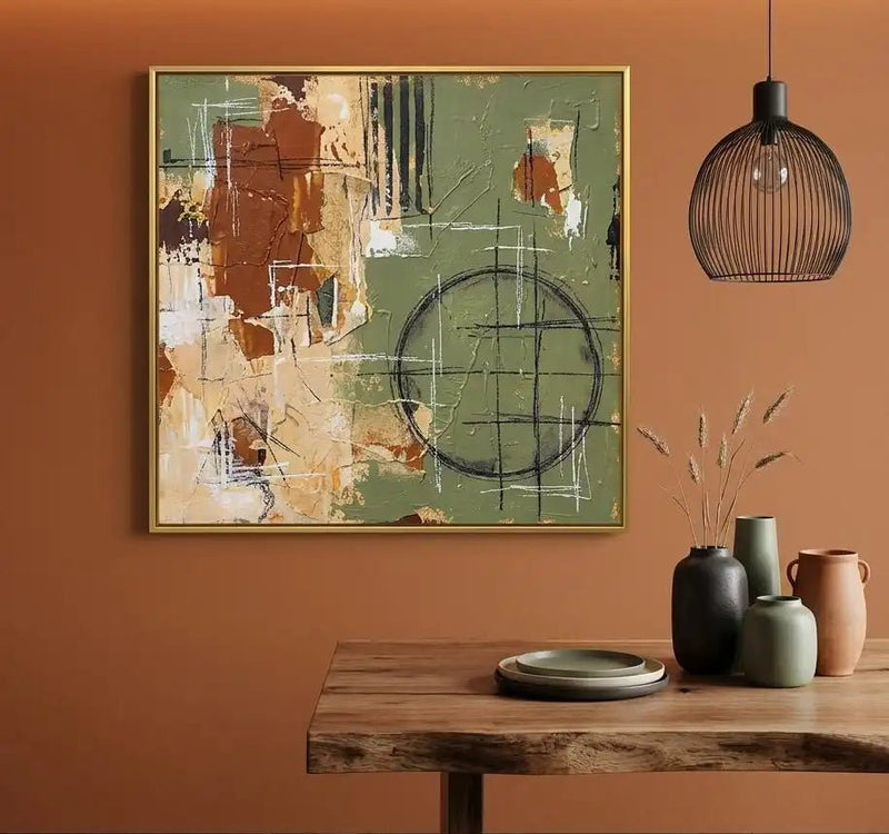 Abstract Oil Painting - Sage Green Textured Geometric Wall Art