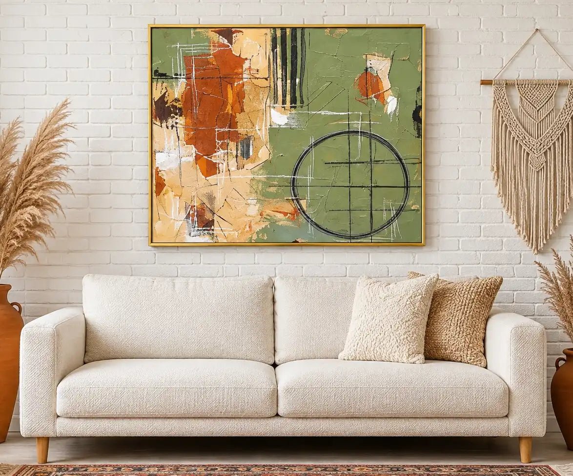 Abstract Oil Painting - Sage Green Textured Geometric Wall Art