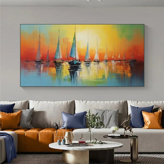 Abstract Oil Painting - Sailboats at Sunset with Vibrant Reflections - Oil Painting Haven