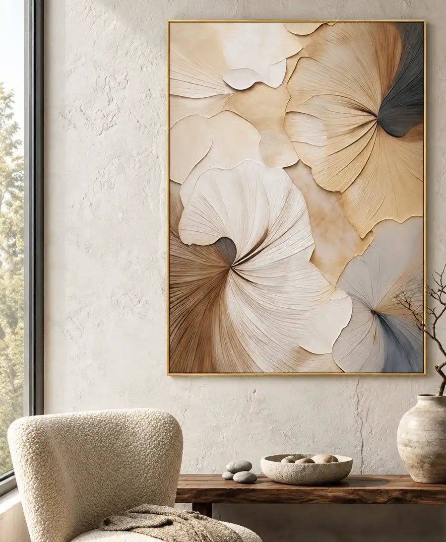 Abstract Oil Painting - Sculpted Beige and Ivory Floral Wall Art