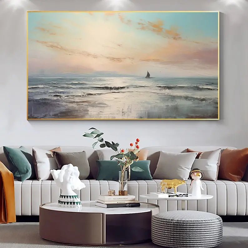 Abstract Oil Painting - Seaside Sunset with Sailboat - Oil Painting Haven