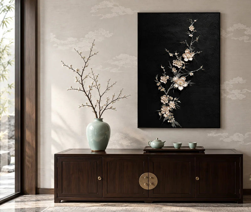 Abstract Oil Painting - Silver Blossom Branch on Black Texture