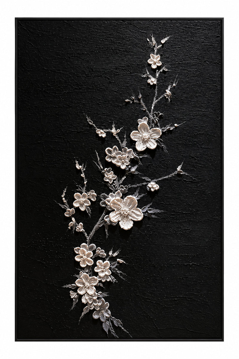 Abstract Oil Painting - Silver Blossom Branch on Black Texture