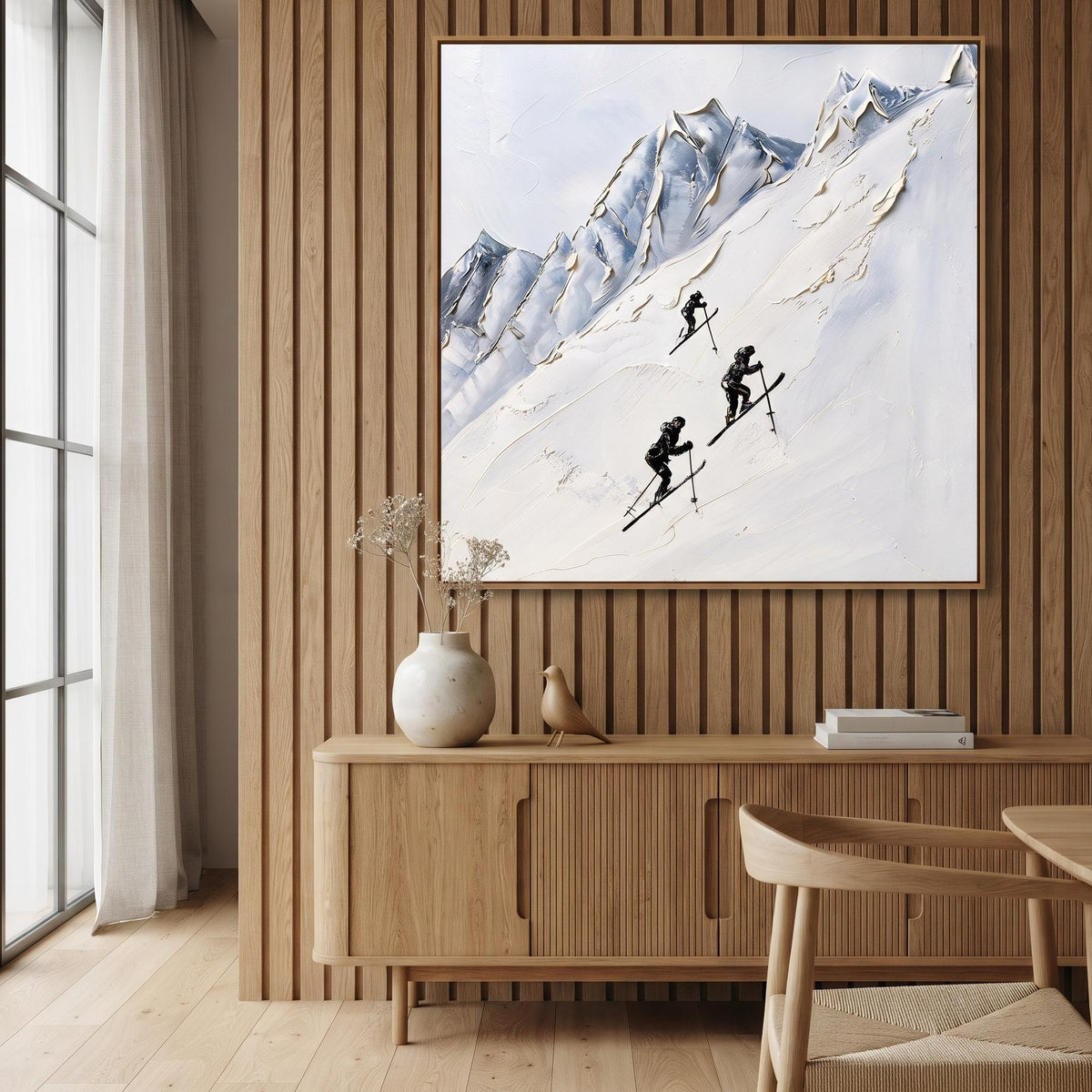 Abstract Oil Painting - Skiers on Snowy Alpine Mountain Wall Art