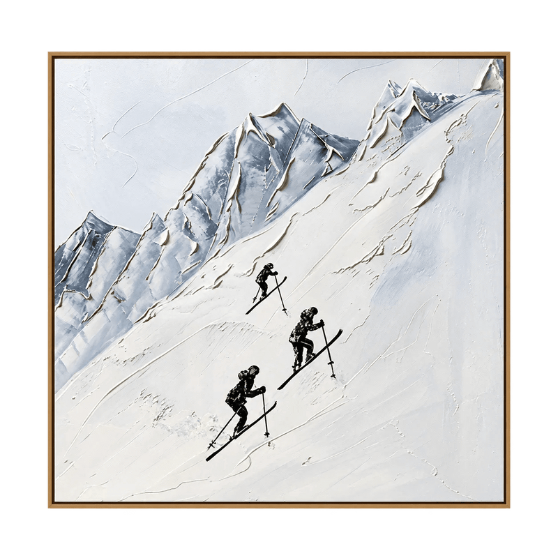 Abstract Oil Painting - Skiers on Snowy Alpine Mountain Wall Art