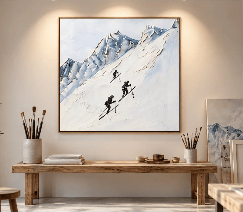 Abstract Oil Painting - Skiers on Snowy Alpine Mountain Wall Art