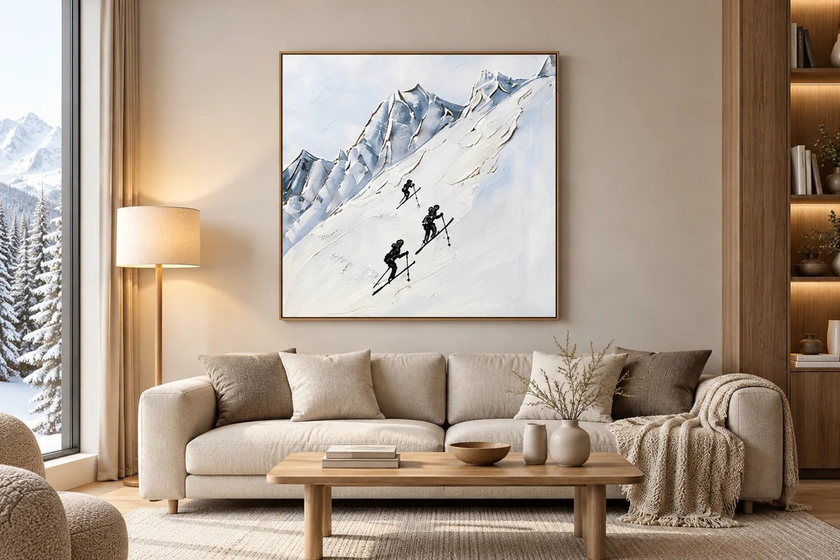 Abstract Oil Painting - Skiers on Snowy Alpine Mountain Wall Art