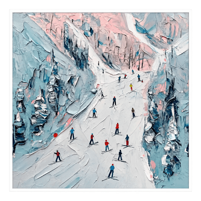 Abstract Oil Painting - Skiers on Snowy Mountain Impasto Wall Art
