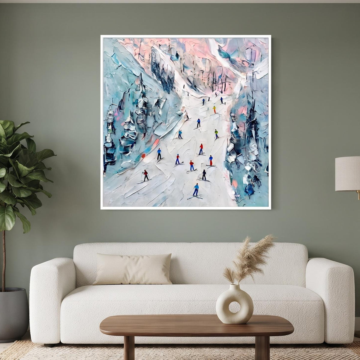 Abstract Oil Painting - Skiers on Snowy Mountain Impasto Wall Art