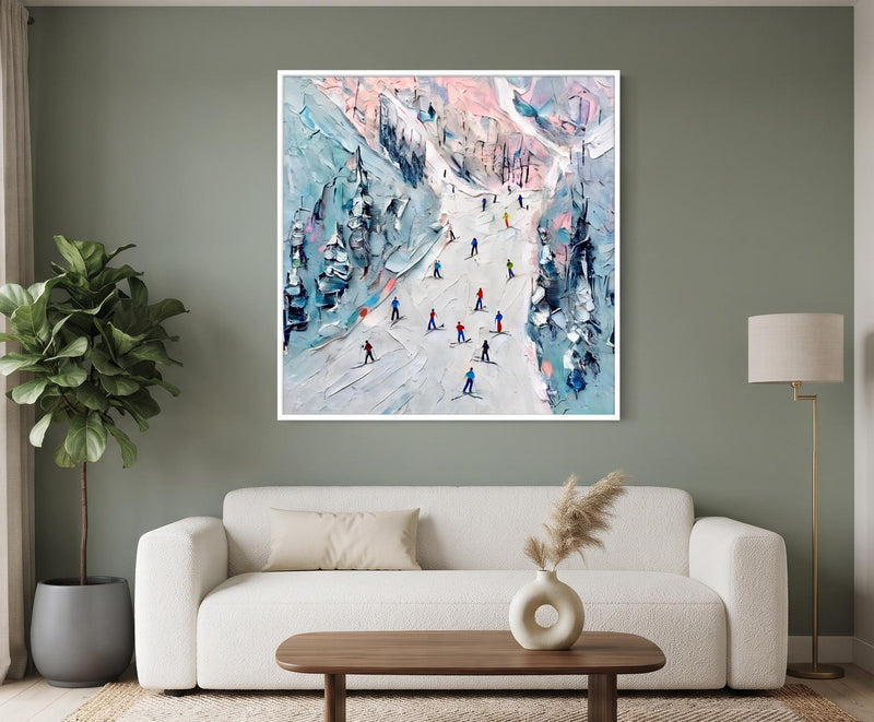 Abstract Oil Painting - Skiers on Snowy Mountain Impasto Wall Art