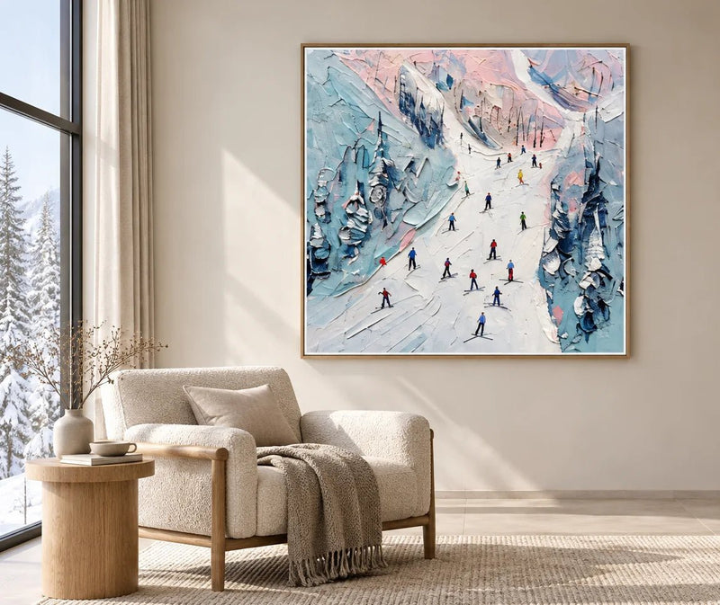 Abstract Oil Painting - Skiers on Snowy Mountain Impasto Wall Art