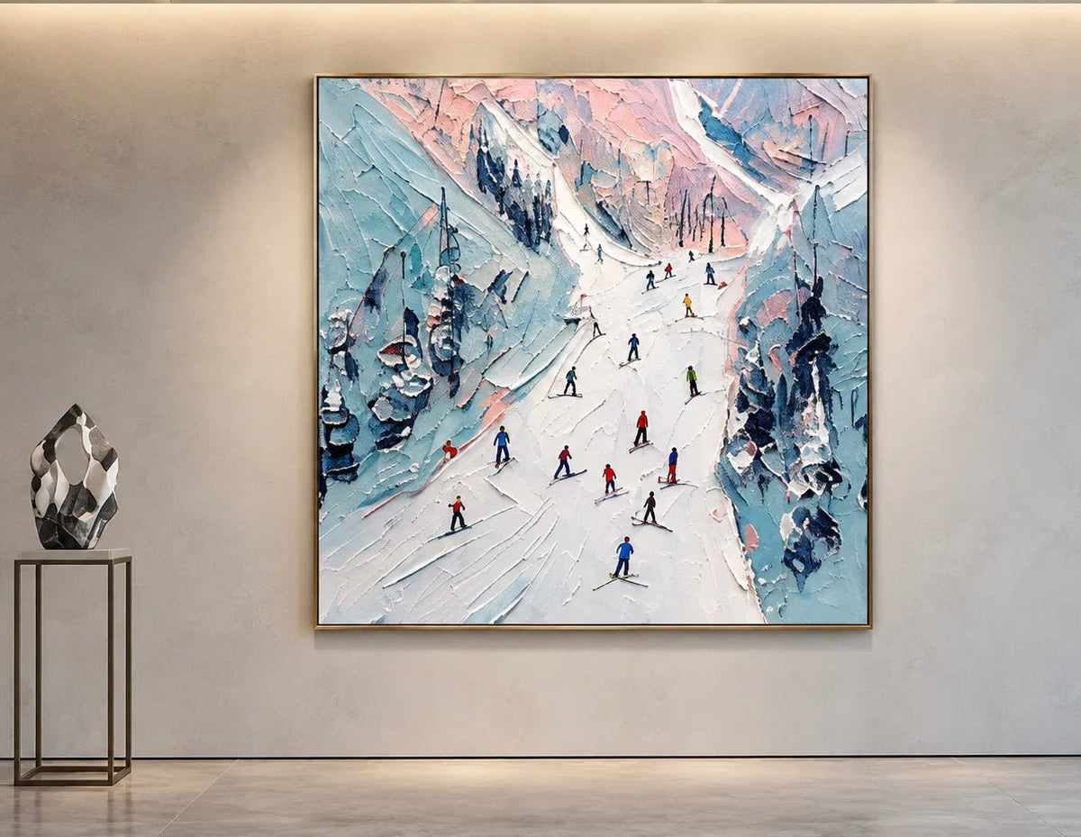 Abstract Oil Painting - Skiers on Snowy Mountain Impasto Wall Art
