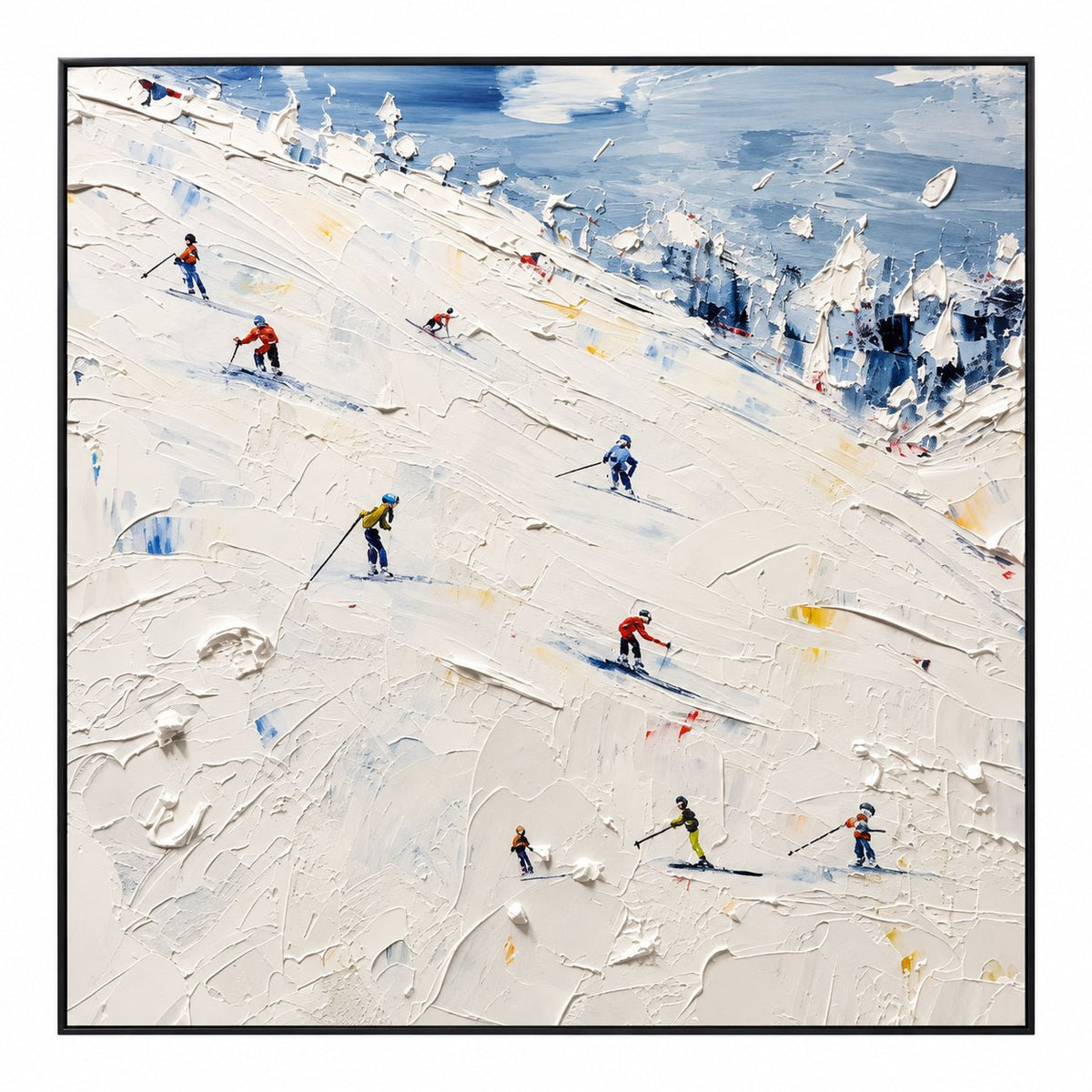 Abstract Oil Painting - Skiers on Snowy Mountain in White Impasto