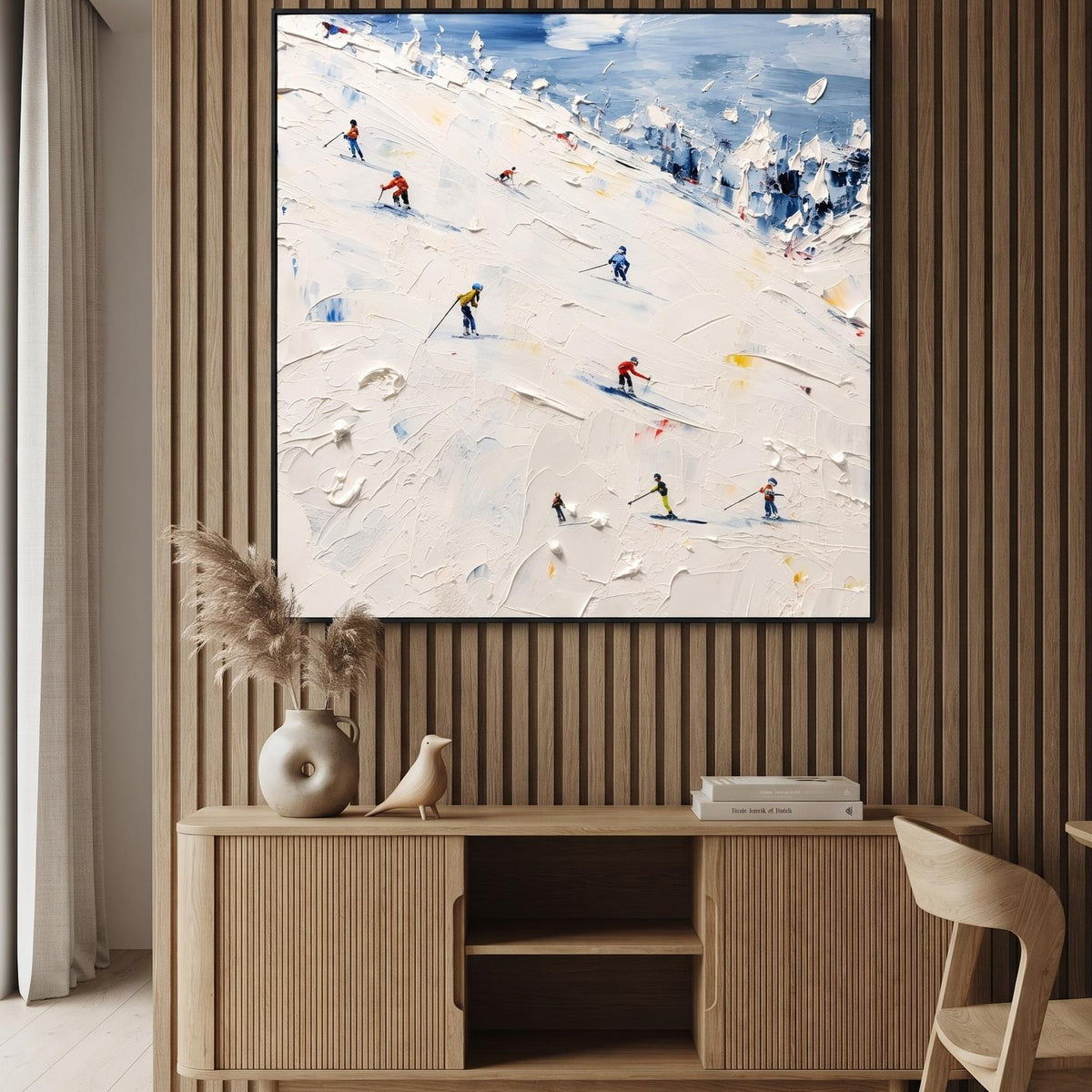 Abstract Oil Painting - Skiers on Snowy Mountain in White Impasto