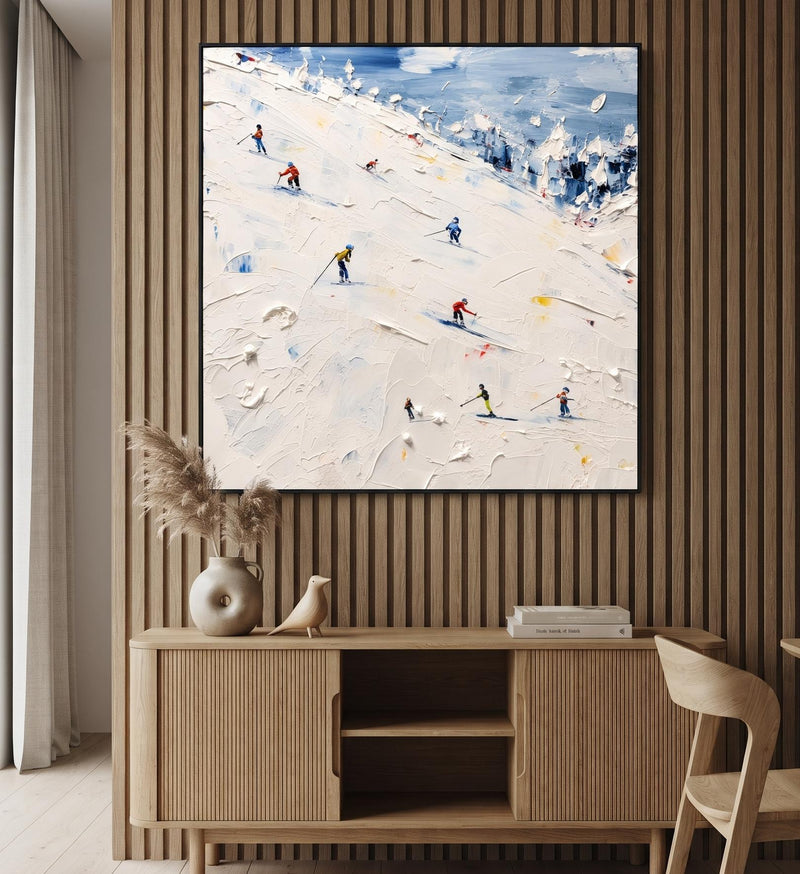 Abstract Oil Painting - Skiers on Snowy Mountain in White Impasto