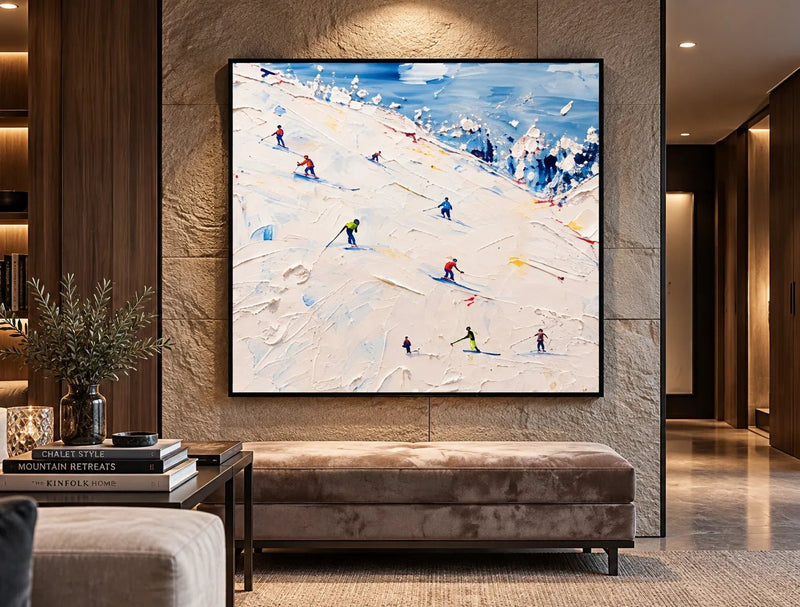 Abstract Oil Painting - Skiers on Snowy Mountain in White Impasto