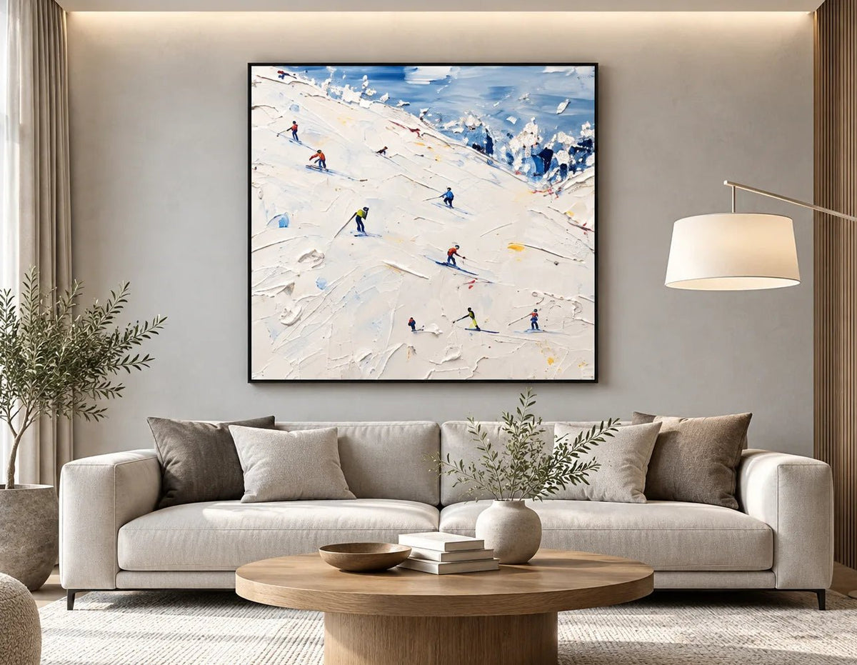 Abstract Oil Painting - Skiers on Snowy Mountain in White Impasto